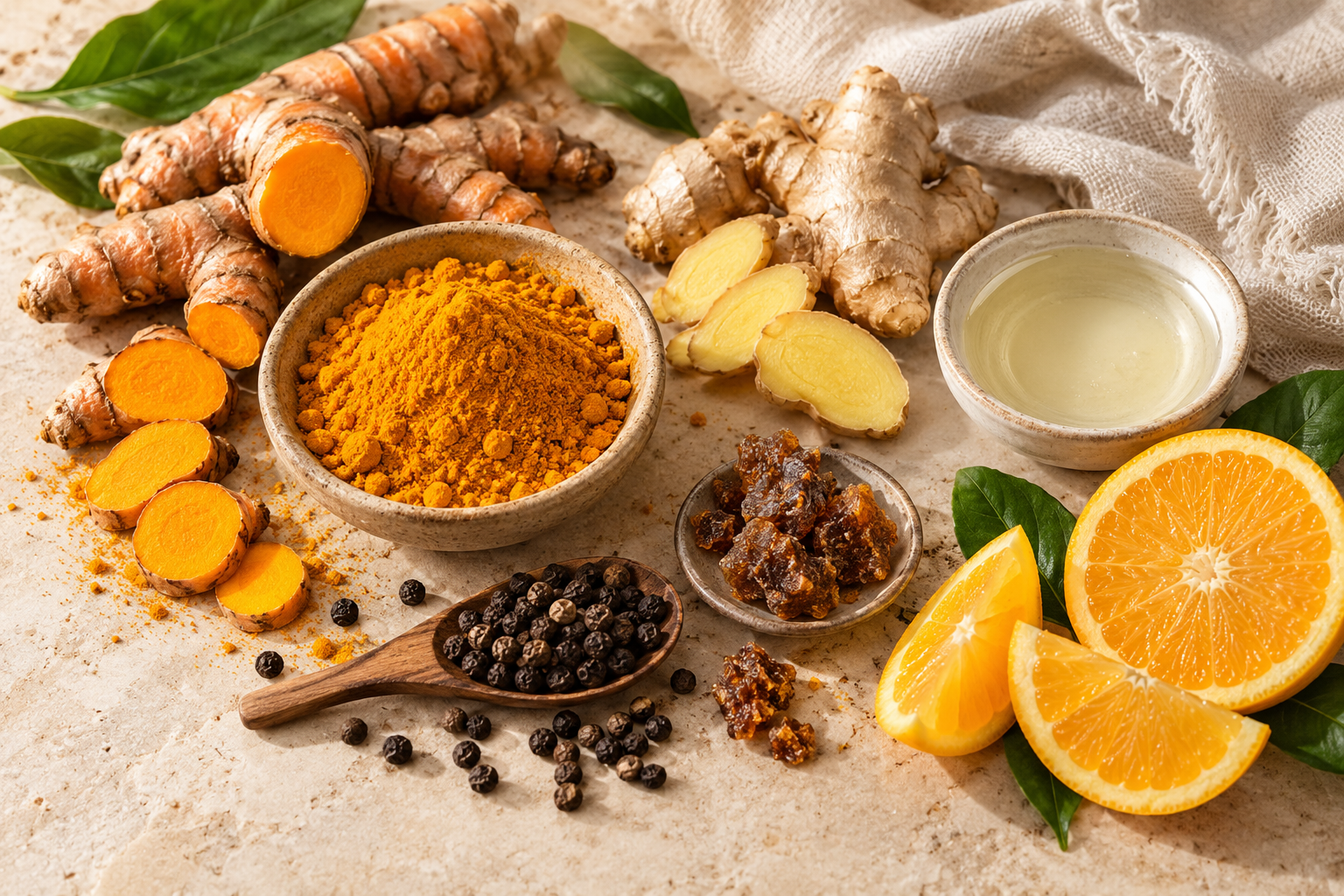 Cúrcuma, pimienta negra, jengibre, MCT, vitamina C y propóleo