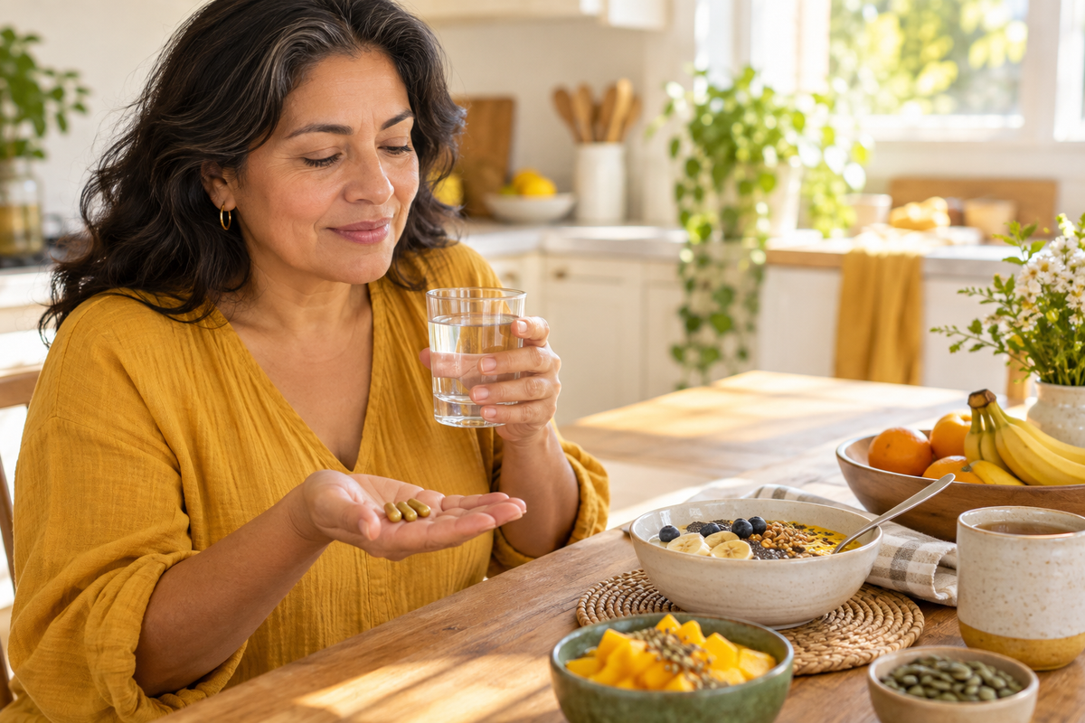 Mujer tomando tres cápsulas con el desayuno