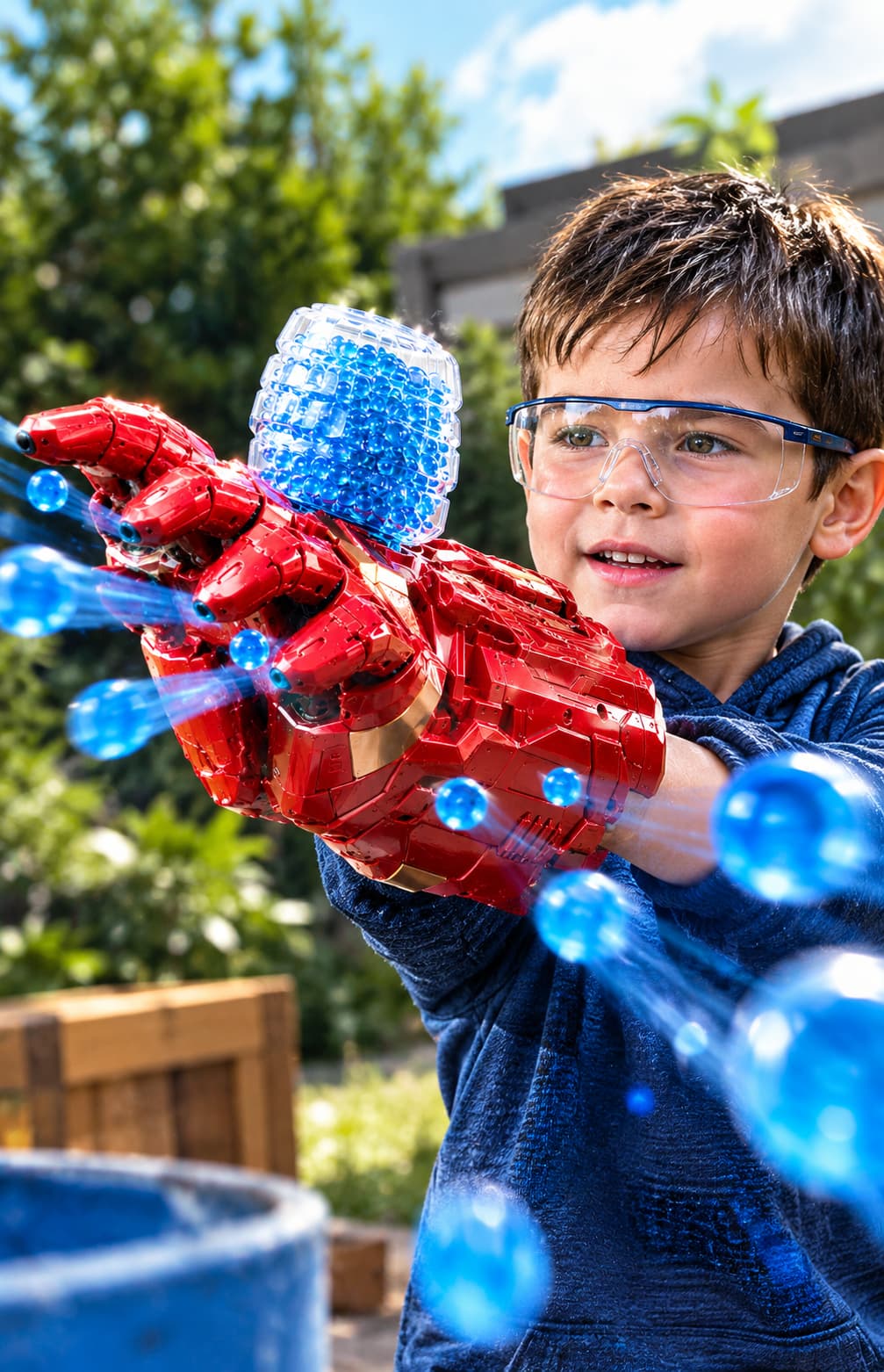 Niño con gafas disparando bolitas de hidrogel con el guante estilo Iron Man